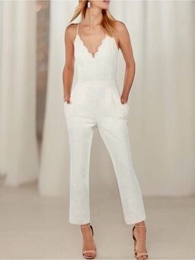 Express White Lace V-Neck Spaghetti Strap Jumpsuit Size L